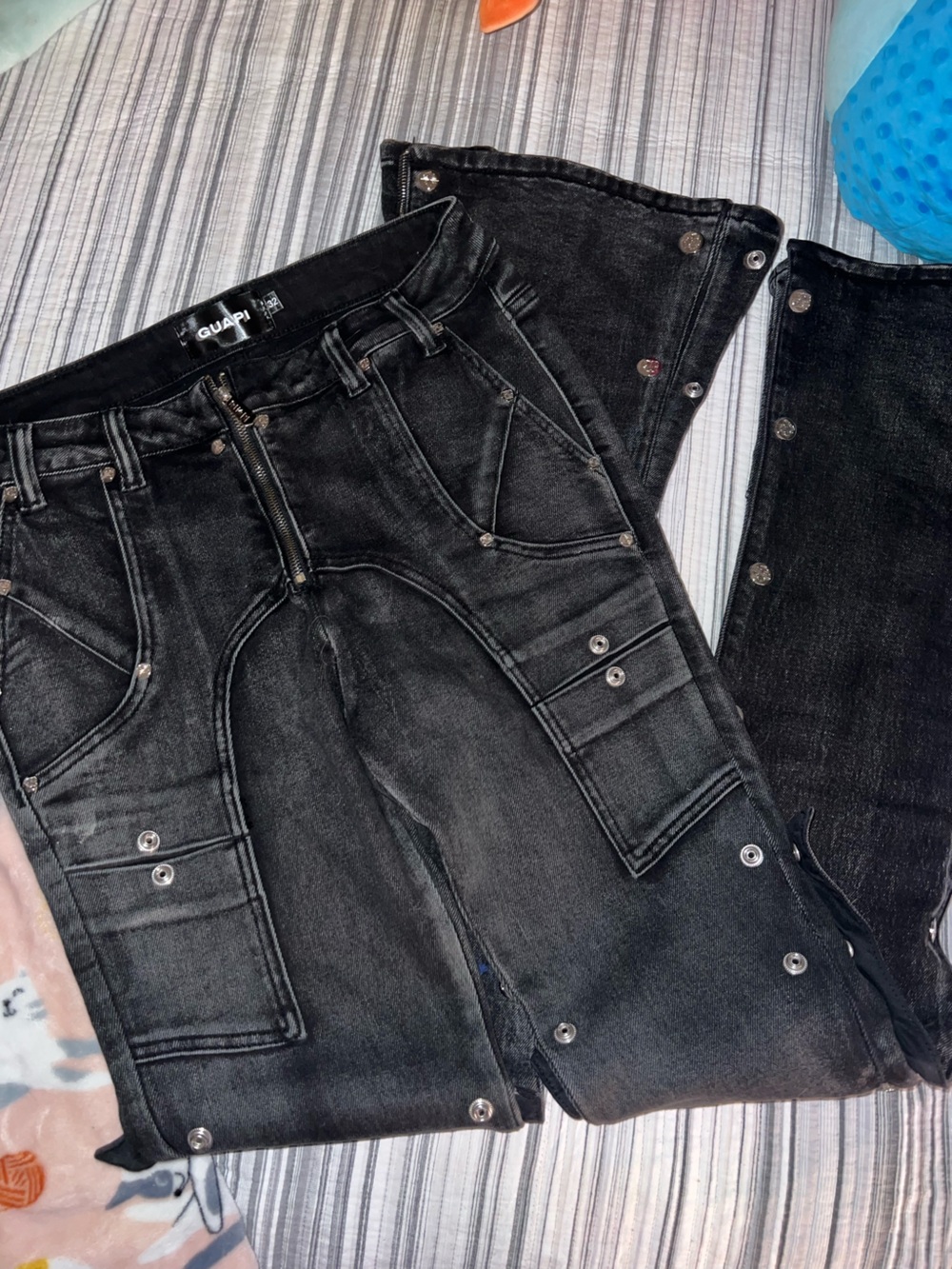 Black Slim Straight Jeans with Snap-Panel Cargo Details